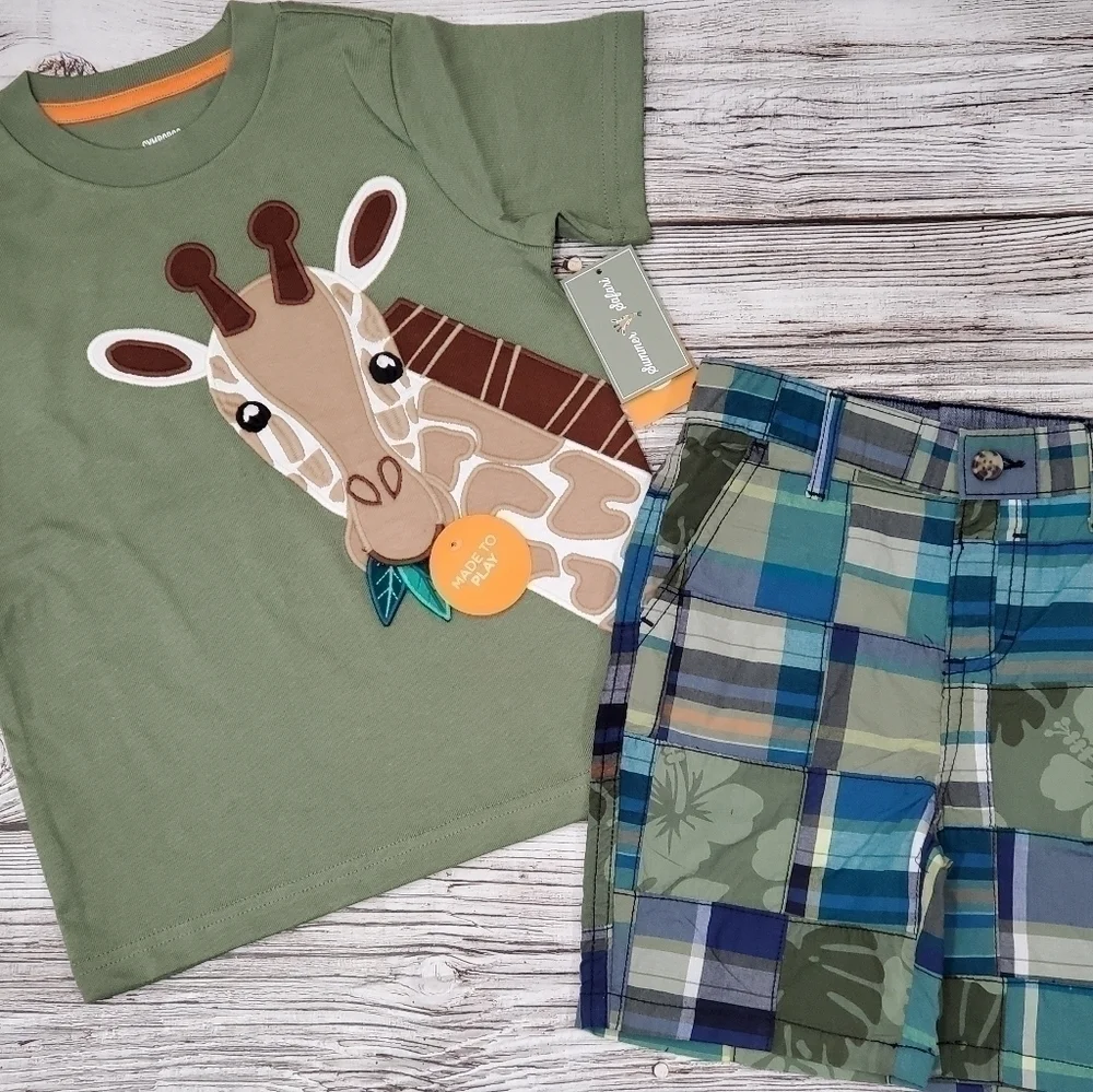 NEW Gymboree Summer Safari Embroidered T-Shirts, Patchwork Shorts, & Cap Bundle